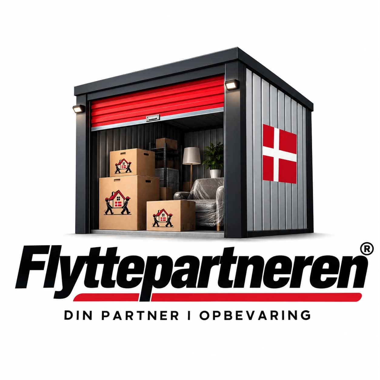 Flyttepartneren opbevaring med container, flyttekasser og møbler.